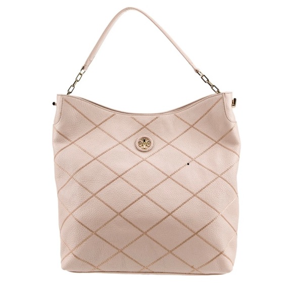 Tory‎ Burch Womens Port Frida Blush Pink Diamond Stitched Pebbled Hobo Tote $548 - Picture 1 of 15